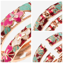 Cargar imagen en el visor de la galería, UJOY Fashion Set of Cloisonne Bracelets Gold Plated Flowers Filigree Enameled Womens Gifts Bangles Spring Hinged