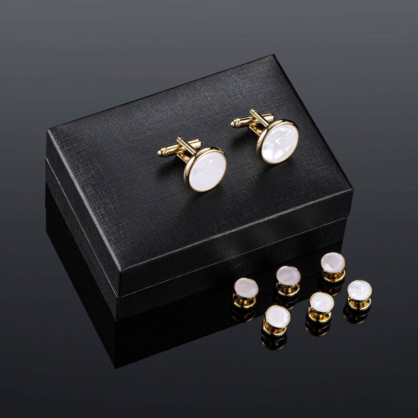 UJOY Mens Mother of Pearl Cufflinks and Studs Tuxedo Bottons Set Presentation Box Business Dress Parts for Wedding Party