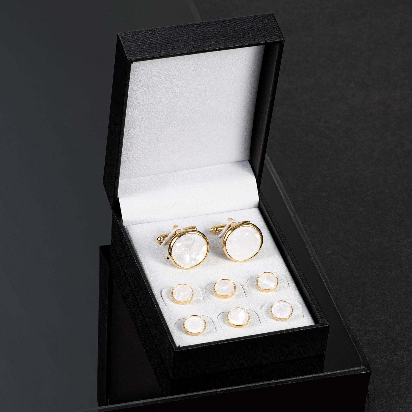 UJOY Mens Mother of Pearl Cufflinks and Studs Tuxedo Bottons Set Presentation Box Business Dress Parts for Wedding Party