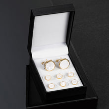 Cargar imagen en el visor de la galería, UJOY Mens Mother of Pearl Cufflinks and Studs Tuxedo Bottons Set Presentation Box Business Dress Parts for Wedding Party