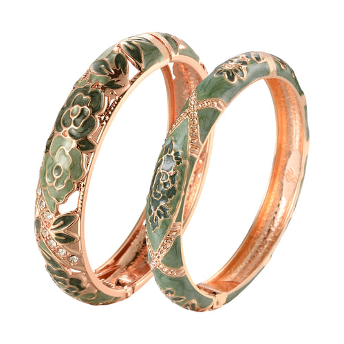 UJOY Fashion Set of Cloisonne Bracelets Gold Plated Flowers Filigree Enameled Womens Gifts Bangles Spring Hinged