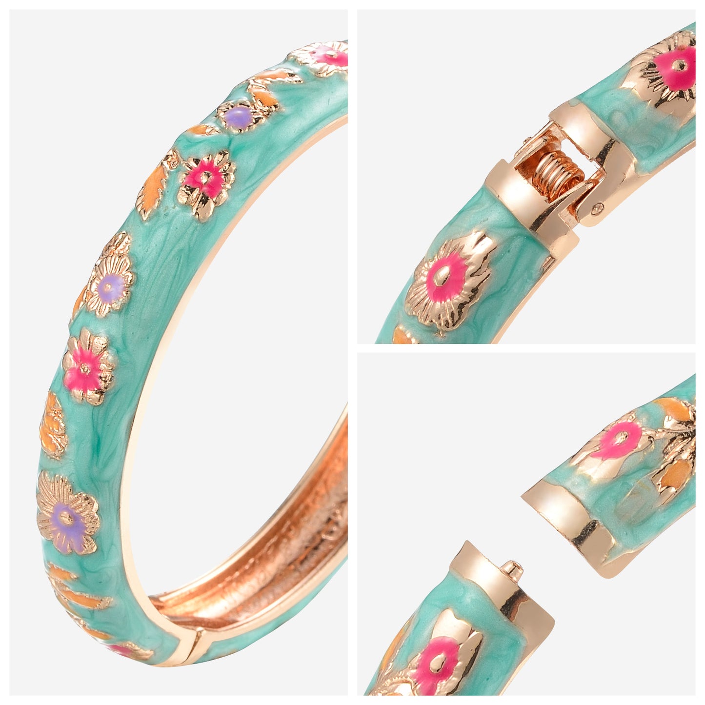 UJOY Women's Bangle Bracelet Golded Alloy Hinged Flower Enameled Cloisonne Jewelry