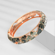 Load image into Gallery viewer, UJOY Vintage Jewelry Cloisonne Handcrafted Enameled Gorgeous Rhinestone Rose Gold Hinged Cuff Bracelet Bangles