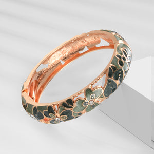 UJOY Vintage Jewelry Cloisonne Handcrafted Enameled Gorgeous Rhinestone Rose Gold Hinged Cuff Bracelet Bangles