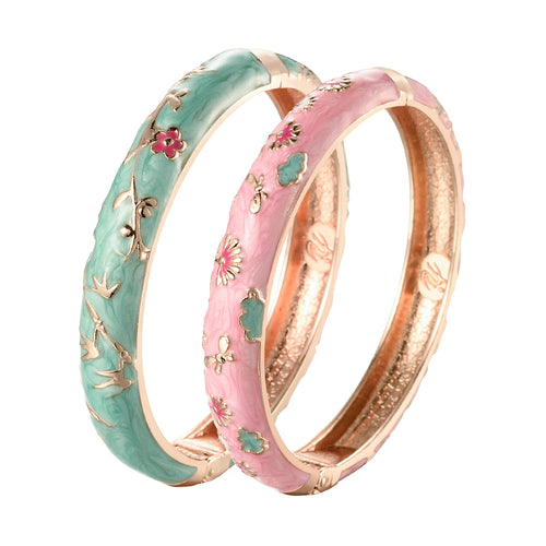UJOY Set of Cloisonne Bracelets Gold Hinge Indian Cuff Bangle Enameled Jewelry Flower Bracelets for Women Gift