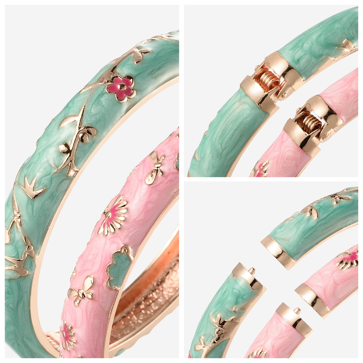UJOY Set of Cloisonne Bracelets Gold Hinge Indian Cuff Bangle Enameled Jewelry Flower Bracelets for Women Gift