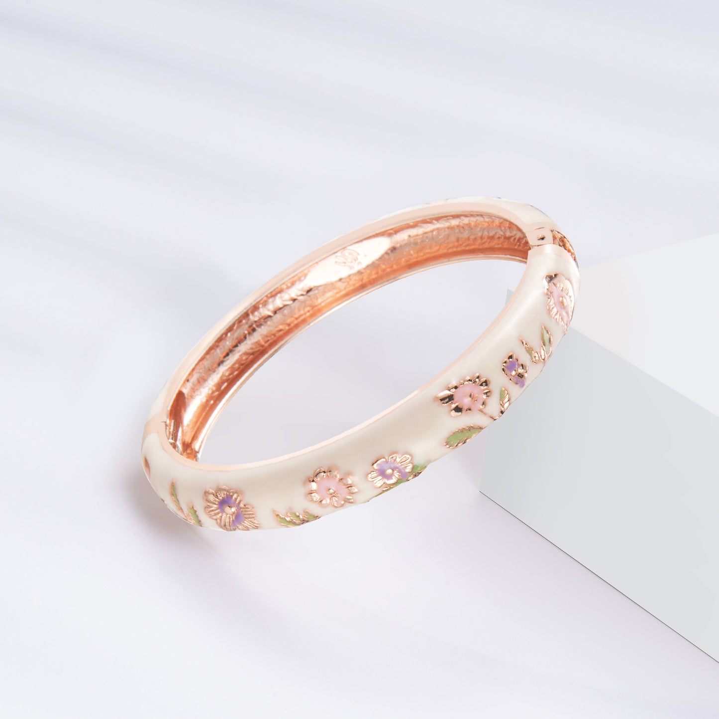 UJOY Women's Bangle Bracelet Golded Alloy Hinged Flower Enameled Cloisonne Jewelry
