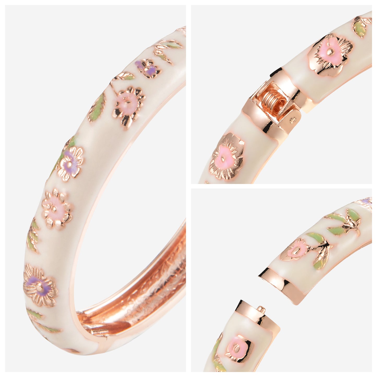 UJOY Women's Bangle Bracelet Golded Alloy Hinged Flower Enameled Cloisonne Jewelry