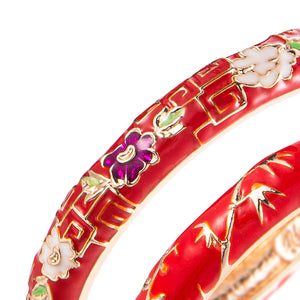 UJOY Set of Cloisonne Bracelet Openable Hinge Gold Cuff Enamel Flower Red Bangle Jewelry Gift for Women