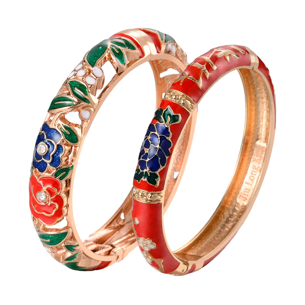 UJOY Vintage Set of Jewelry Cloisonne Handcrafted Enameled Gorgeous Rhinestone Rose Gold Hinged Cuff Bracelet Bangles Gift for Wonem and Girls