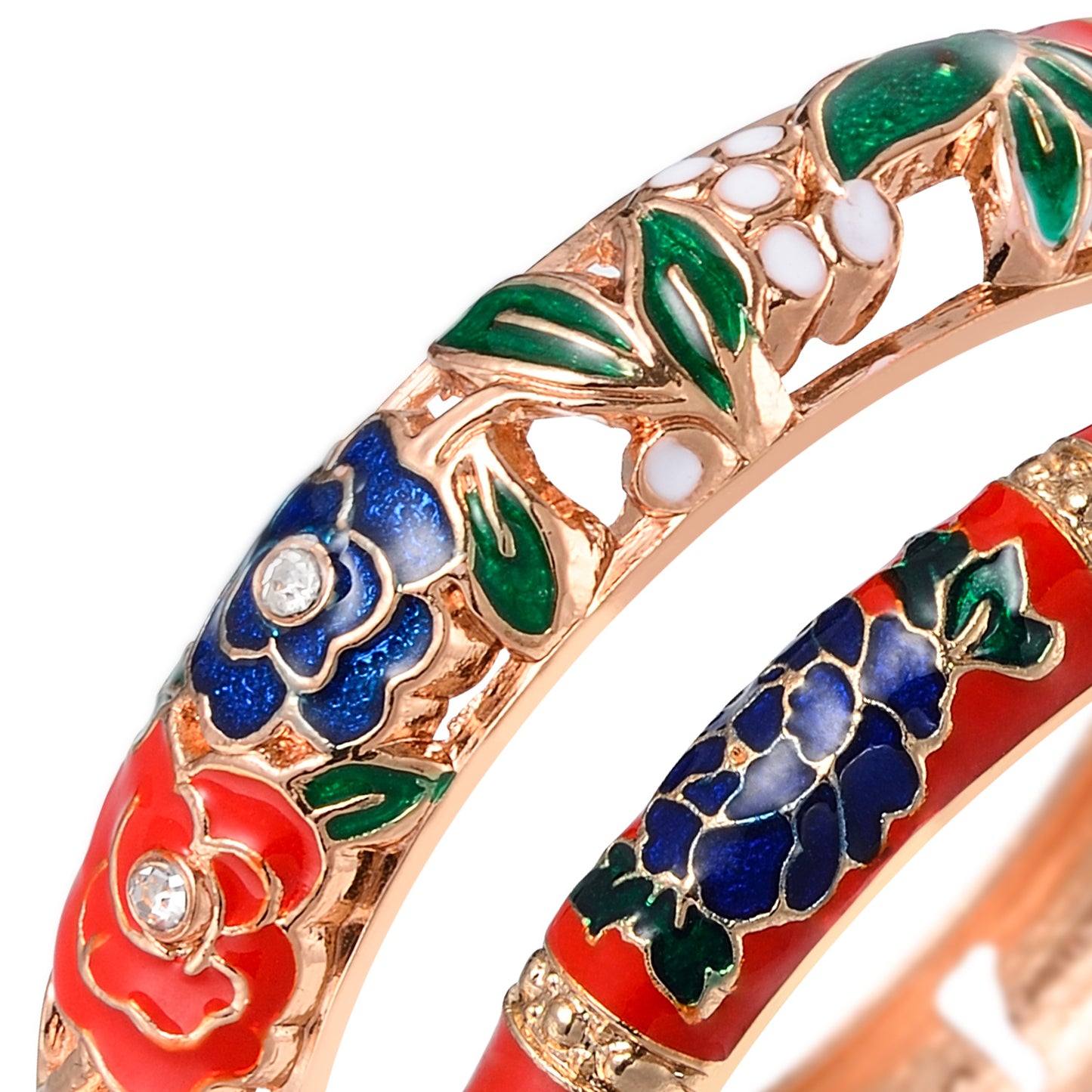 UJOY Vintage Set of Jewelry Cloisonne Handcrafted Enameled Gorgeous Rhinestone Rose Gold Hinged Cuff Bracelet Bangles Gift for Wonem and Girls