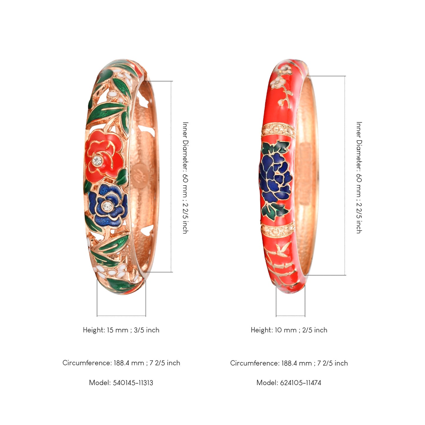 UJOY Vintage Set of Jewelry Cloisonne Handcrafted Enameled Gorgeous Rhinestone Rose Gold Hinged Cuff Bracelet Bangles Gift for Wonem and Girls