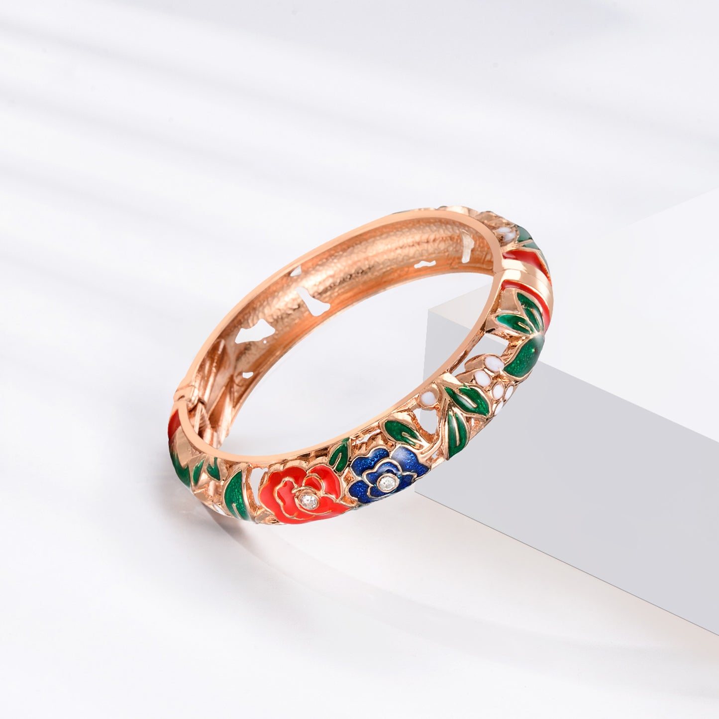 UJOY Vintage Set of Jewelry Cloisonne Handcrafted Enameled Gorgeous Rhinestone Rose Gold Hinged Cuff Bracelet Bangles Gift for Wonem and Girls