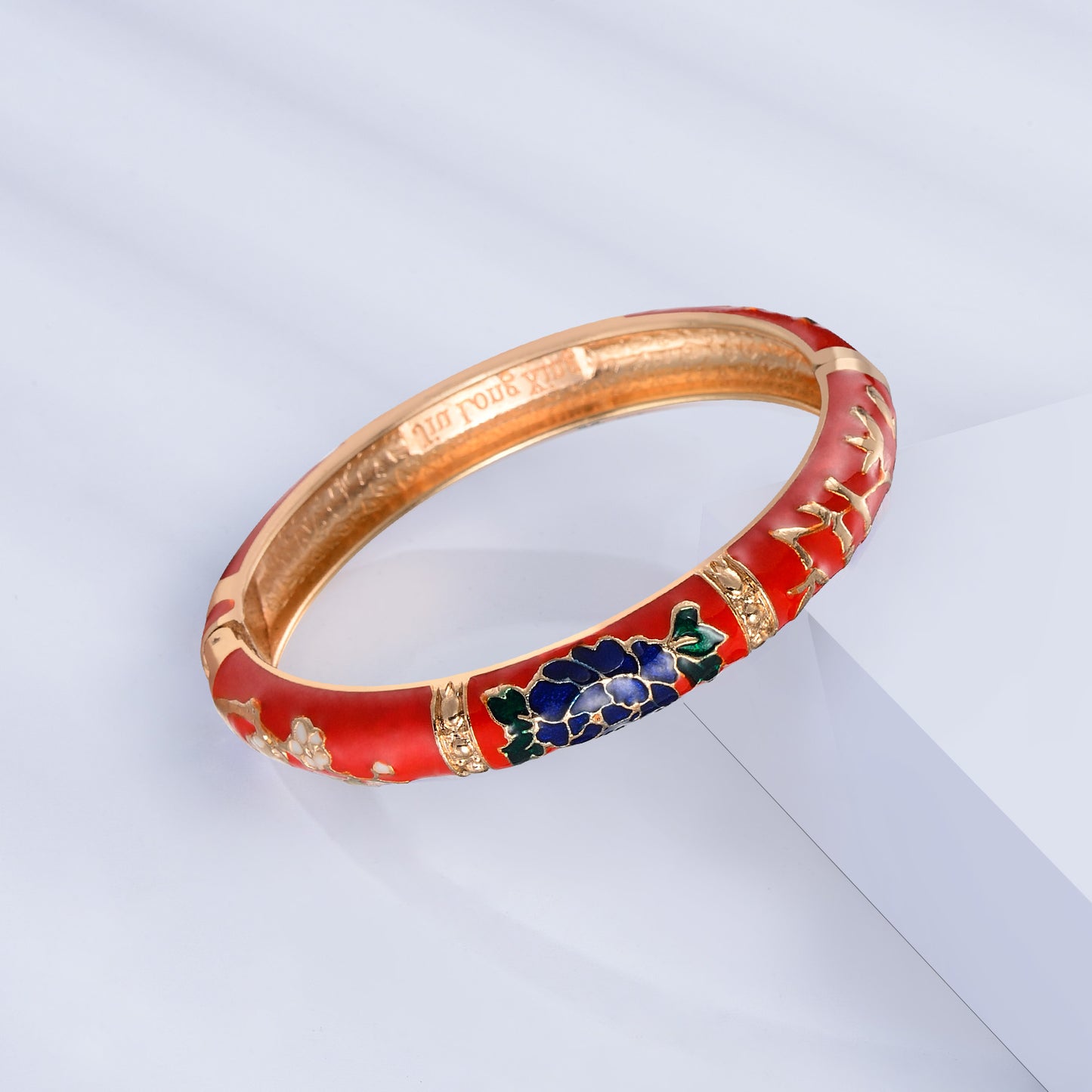 UJOY Vintage Set of Jewelry Cloisonne Handcrafted Enameled Gorgeous Rhinestone Rose Gold Hinged Cuff Bracelet Bangles Gift for Wonem and Girls