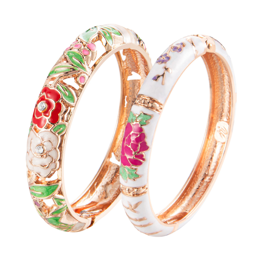 UJOY Vintage Set of Jewelry Cloisonne Handcrafted Enameled Gorgeous Rhinestone Rose Gold Hinged Cuff Bracelet Bangles Gift for Women