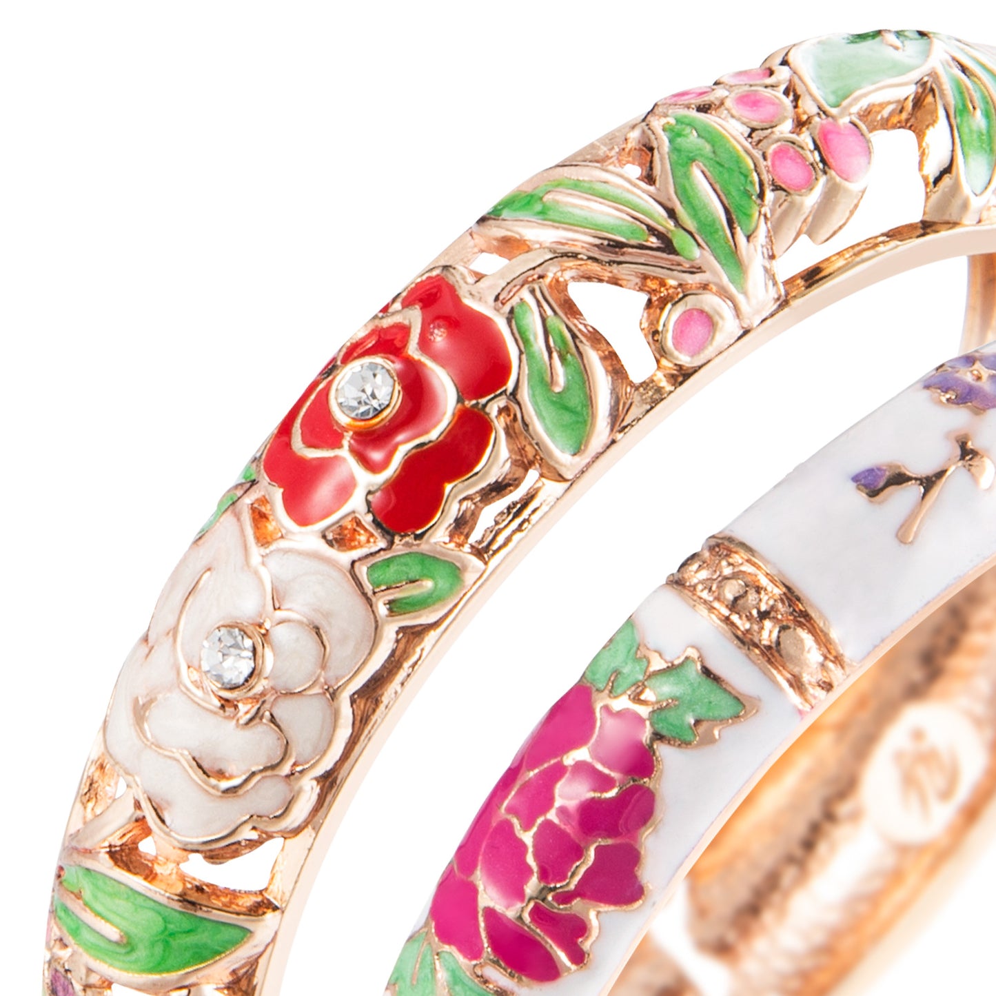 UJOY Vintage Set of Jewelry Cloisonne Handcrafted Enameled Gorgeous Rhinestone Rose Gold Hinged Cuff Bracelet Bangles Gift for Women