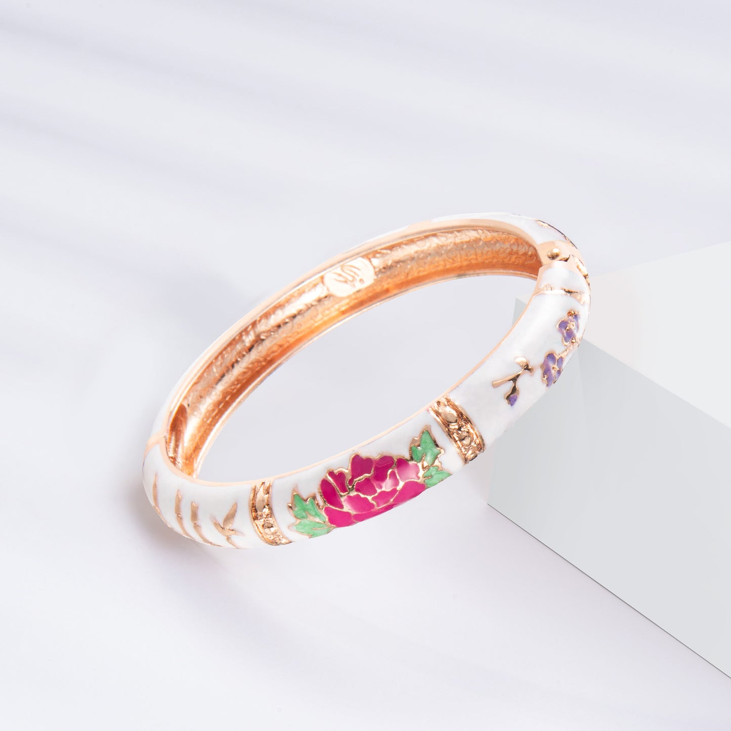 UJOY Vintage Set of Jewelry Cloisonne Handcrafted Enameled Gorgeous Rhinestone Rose Gold Hinged Cuff Bracelet Bangles Gift for Women