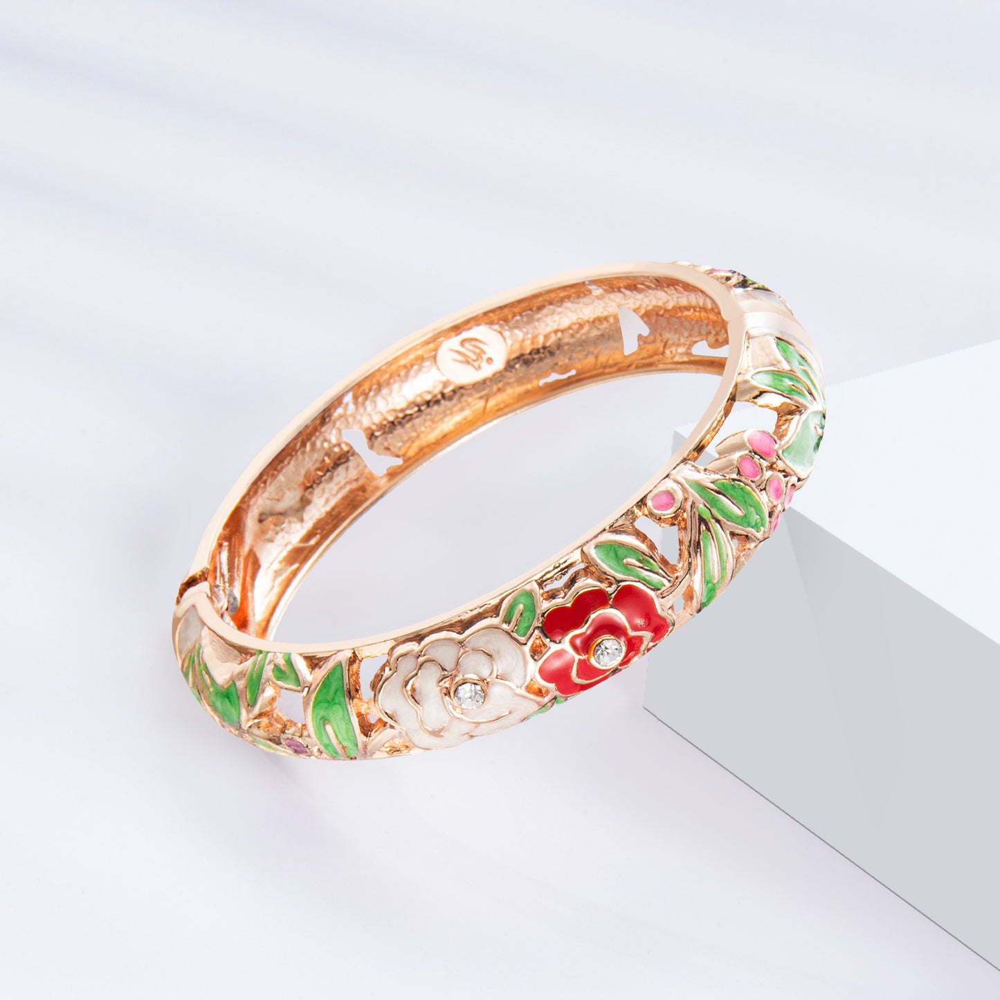 UJOY Vintage Set of Jewelry Cloisonne Handcrafted Enameled Gorgeous Rhinestone Rose Gold Hinged Cuff Bracelet Bangles Gift for Women