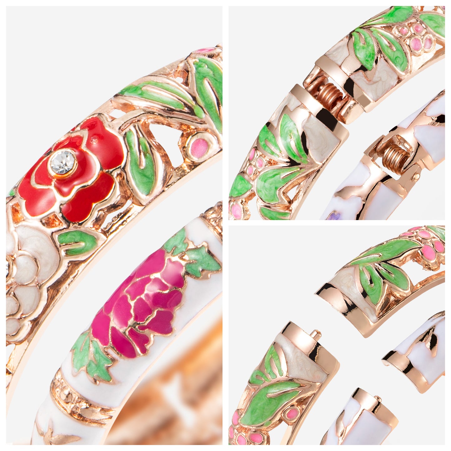 UJOY Vintage Set of Jewelry Cloisonne Handcrafted Enameled Gorgeous Rhinestone Rose Gold Hinged Cuff Bracelet Bangles Gift for Women