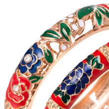 Cargar imagen en el visor de la galería, UJOY Fashion Set of Cloisonne Bracelets Gold Plated Flower Filigree Enameled Womens Gifts Bangles Spring Hinged