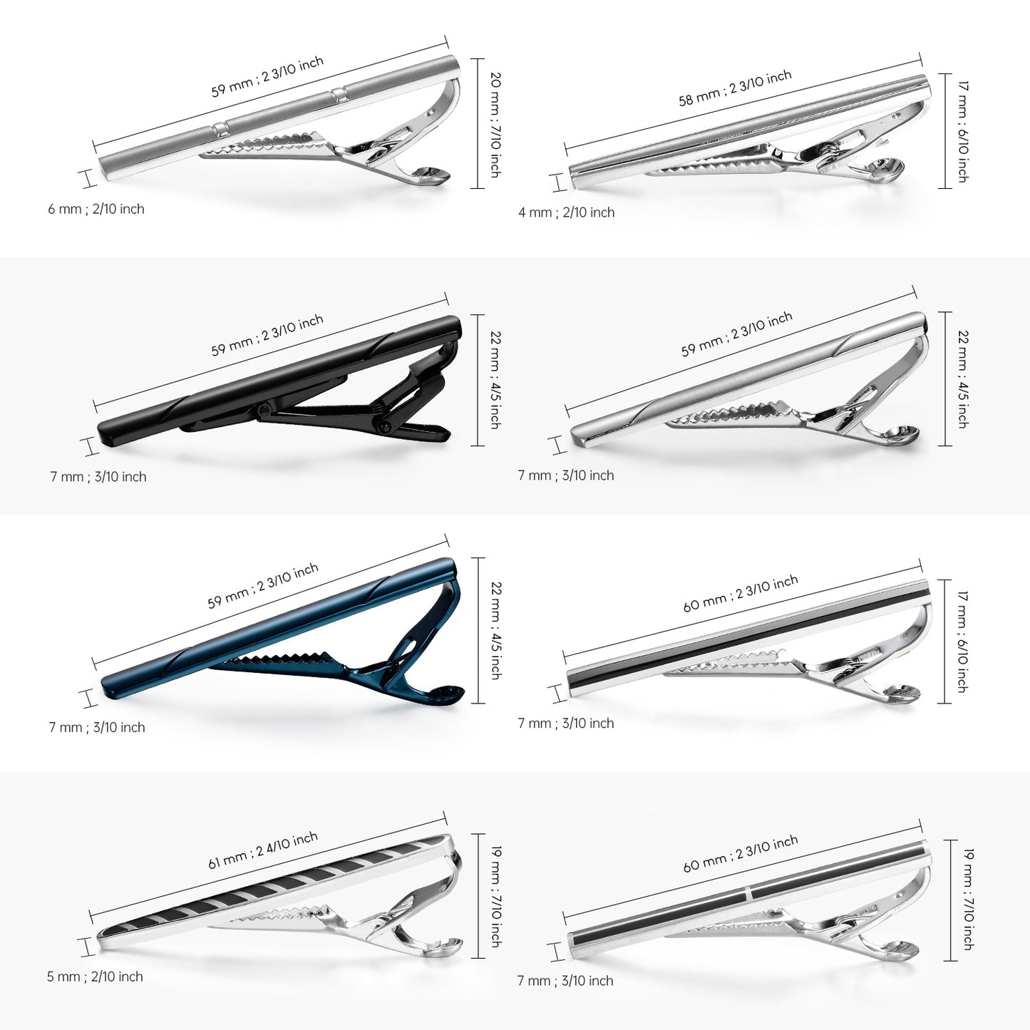 UJOY Tie Clips for Men, 8 Pcs Tie Bars Pinch Clip Set Silver Black Blue 2.3 Inches Business Shirt Necktie Parts