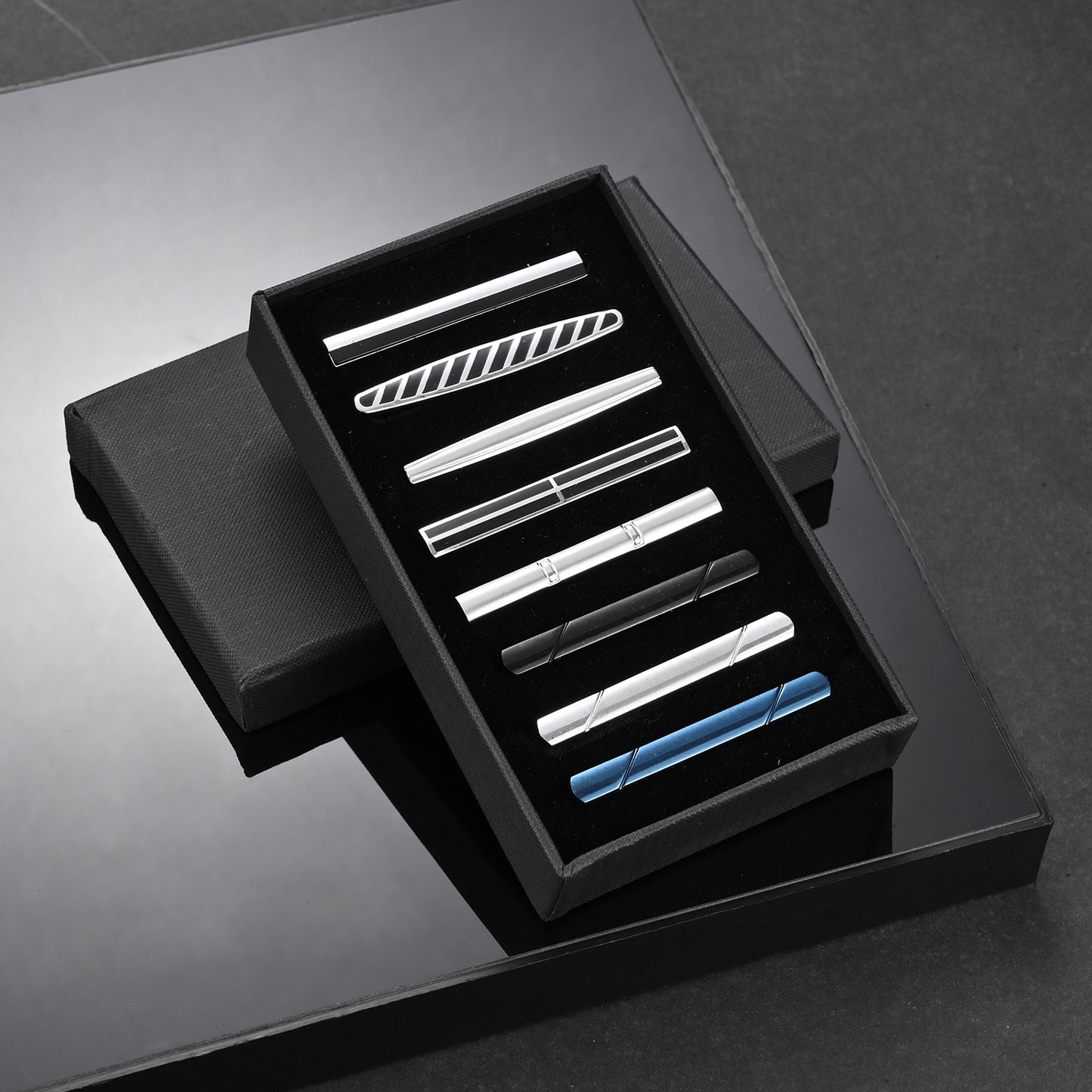 UJOY Tie Clips for Men, 8 Pcs Tie Bars Pinch Clip Set Silver Black Blue 2.3 Inches Business Shirt Necktie Parts
