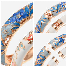 Load image into Gallery viewer, UJOY Set of Cloisonne Indian Bangles Colored Crystal Gold Plated Hinge Cuff Bracelets Hollowed Bird Enamel Jewelry