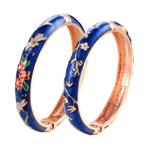 UJOY Set of Cloisonne Bracelet Openable Hinge Gold Cuff Enamel Flower Blue Bangle Jewelry Gift for Women and Girls
