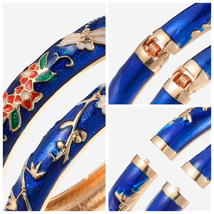 UJOY Set of Cloisonne Bracelet Openable Hinge Gold Cuff Enamel Flower Blue Bangle Jewelry Gift for Women and Girls