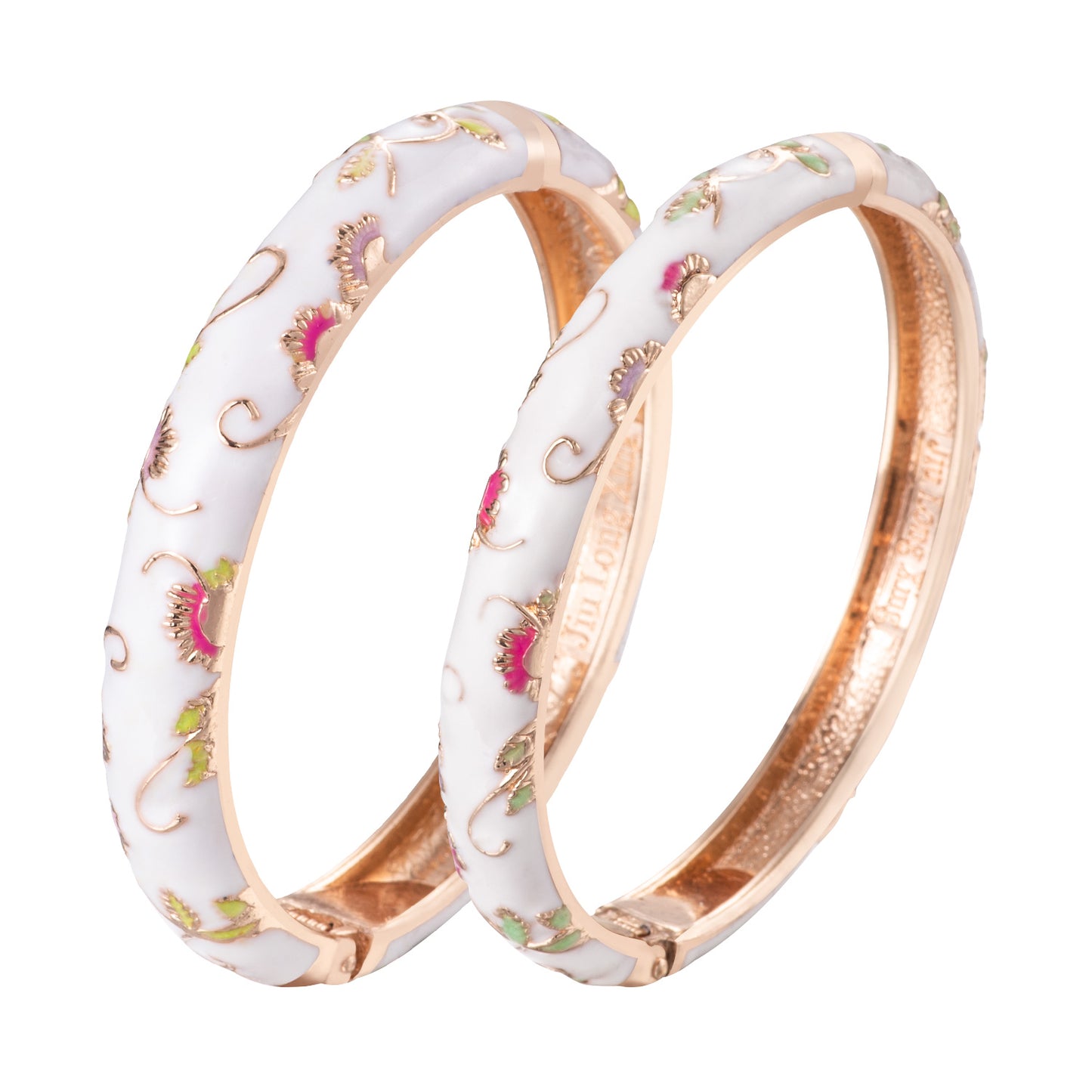 UJOY Vintage set of Cloisonne Bracelets Cuff Golden Metal Bangles Indian Flower White Enameled Jewelry