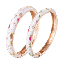 Cargar imagen en el visor de la galería, UJOY Vintage set of Cloisonne Bracelets Cuff Golden Metal Bangles Indian Flower White Enameled Jewelry