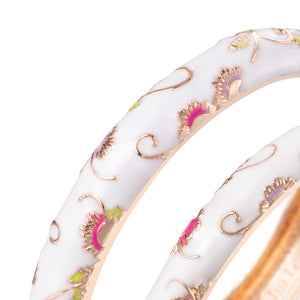 UJOY Vintage set of Cloisonne Bracelets Cuff Golden Metal Bangles Indian Flower White Enameled Jewelry