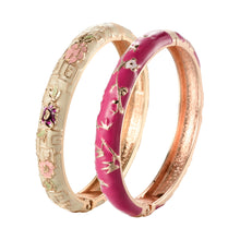 Cargar imagen en el visor de la galería, UJOY Set of Cloisonne Bracelet Openable Hinge Gold Cuff Enamel Flower Multi-Colors Bangle Jewelry Gift for Women